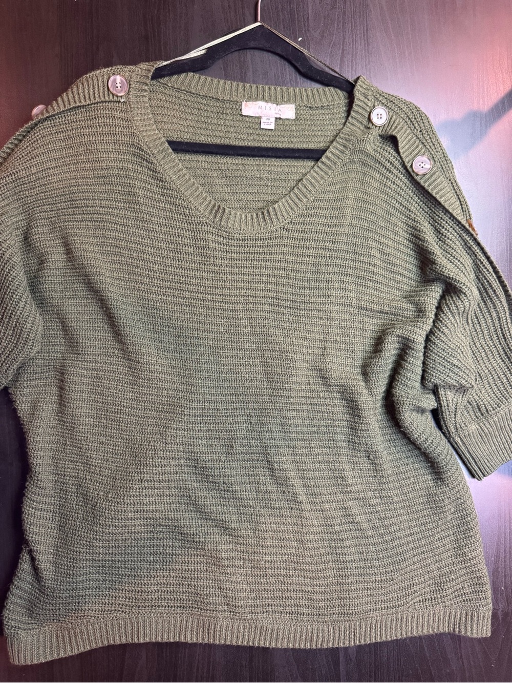 Misia Olive Green Button-Shoulder Knit Scoop Sweater